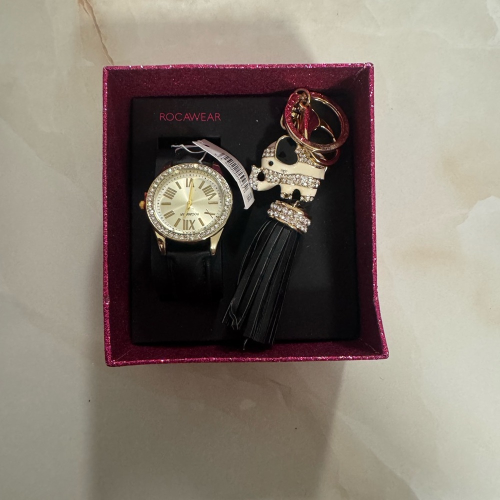 Rocawear Black and Gold Women's Watch with Crystal Tassel Keychain
